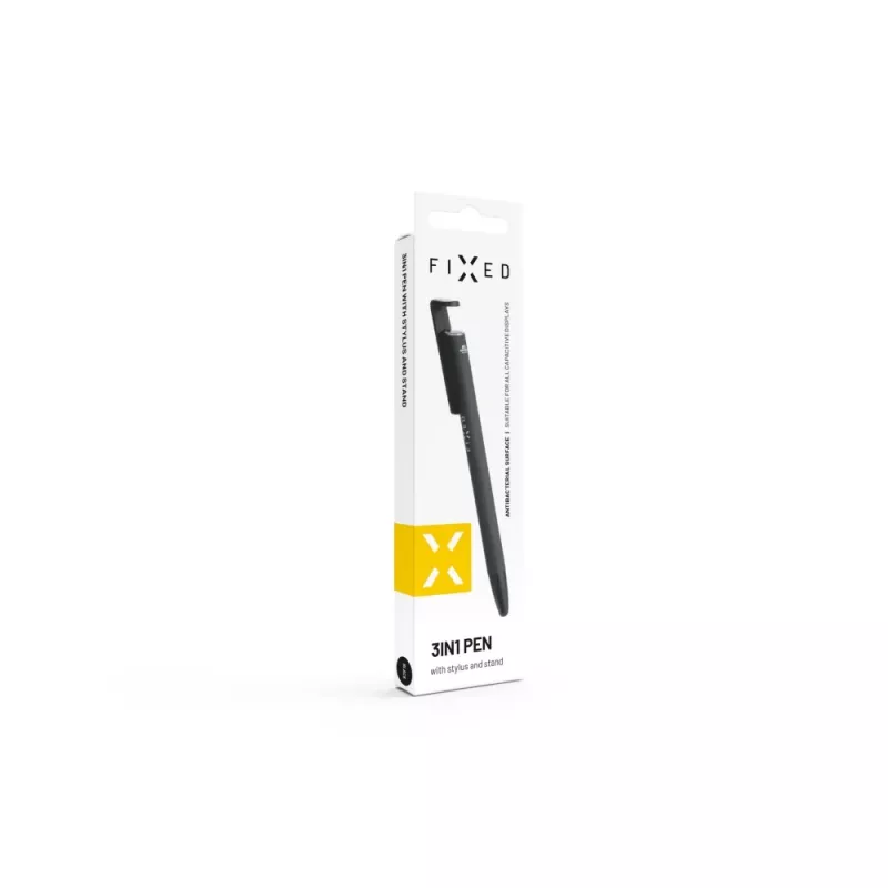 Bolígrafo 3 en 1 con stylus táctil y soporte FIXED FIXPEN-BK — bolígrafo, punta capacitiva, soporte integrado, negro
