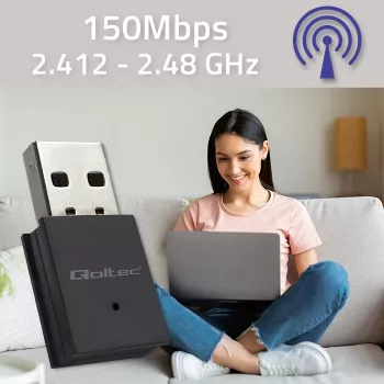 Adaptador USB Wi-Fi mini inalámbrico compacto QOLTEC 57007 – Single-Band 2,4 GHz, hasta 150 Mbit/s, antena interna