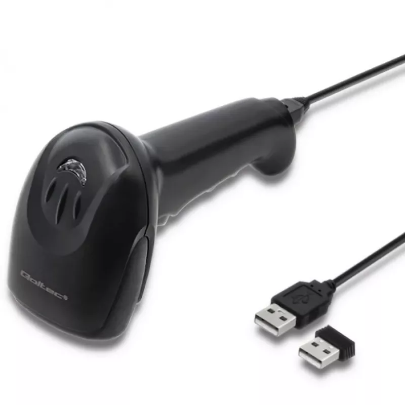 Lector de códigos de barras de mano QOLTEC 50868 — escáner láser 1D/2D, USB con cable e inalámbrico, distancia de trabajo 600 mm, negro