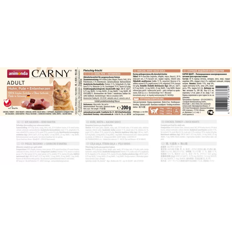 ANIMONDA Carny Adult Pollo, Corazones de Pavo y Pato - Comida húmeda para gatos - 200 g
