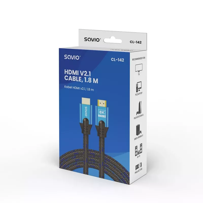 Cable HDMI Savio CL-142 v2.1 1,8 m, HDMI Type-A conector macho–macho, contactos dorados, Negro/Azul