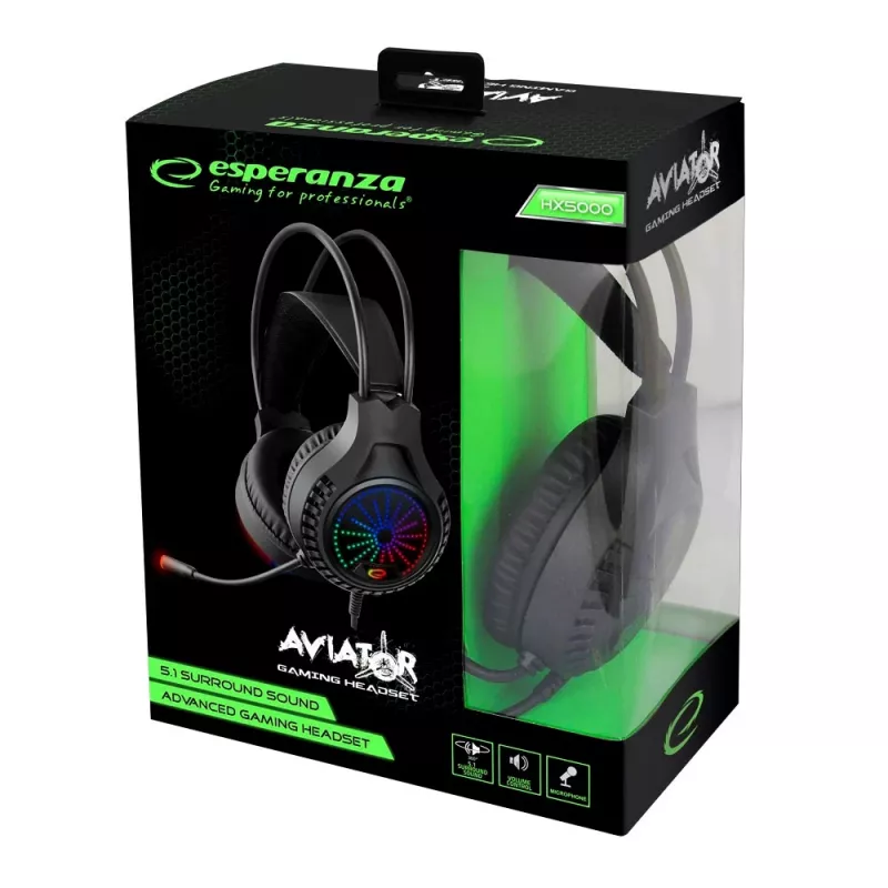 Esperanza EGH5000 Aviator auriculares gaming con micrófono, sonido envolvente virtual 5.1, USB 2.0, 32 Ω, control de volumen, negros