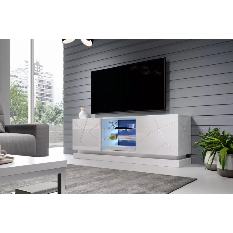 Cama Meble QIU 160 mueble de TV, MDF, blanco brillo