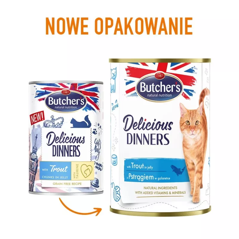 Comida húmeda para gatos Butcher's Pet Care Delicious Dinners 400 g — sabor trucha, gatos adultos, sin conservantes, sin gluten