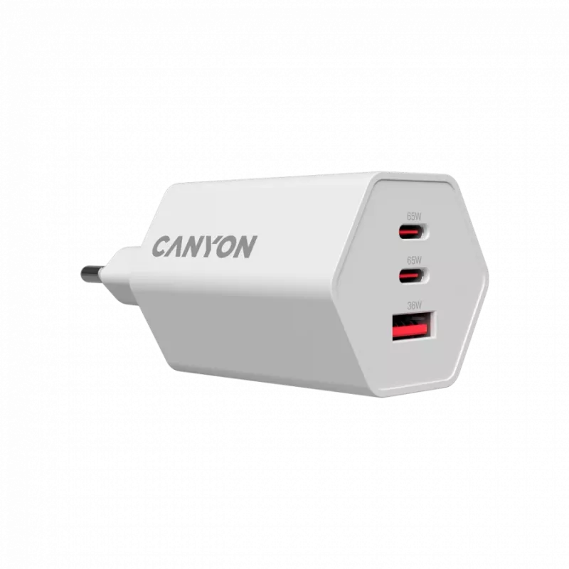 Cargador CANYON HEXAGON 65 GaN 65W 2xPD 1xQC EU blanco CND-CHAHEX65W