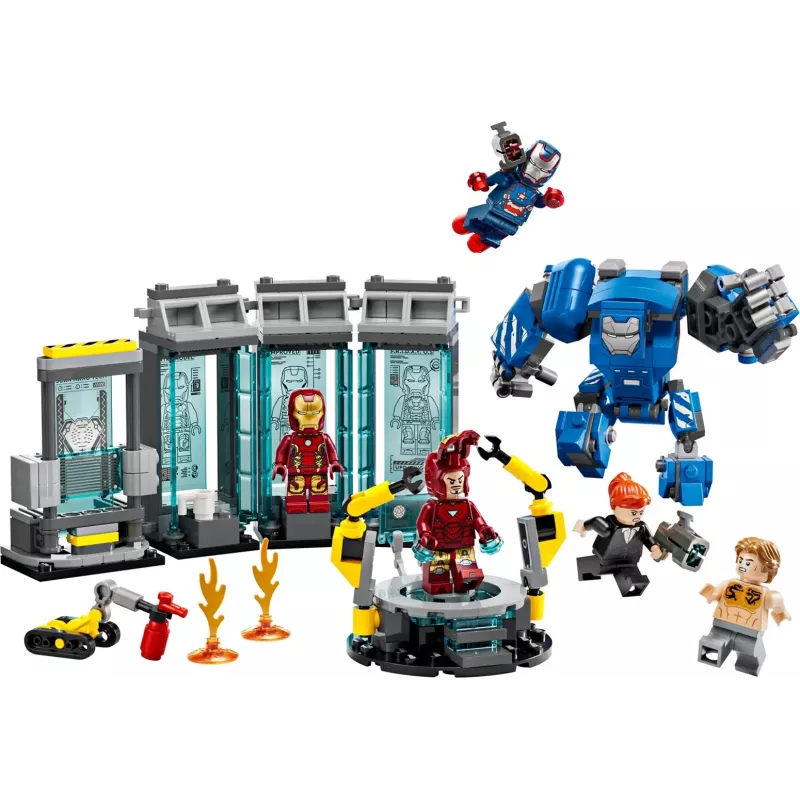 LEGO Marvel Laboratorio Armería de Iron Man 76315 set de juego – 384 piezas, 5 minifiguras, zona de exposición