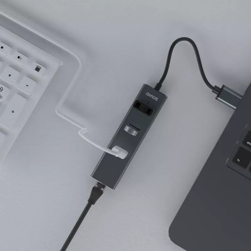 Hub USB-A SAVIO con RJ-45 Gigabit Ethernet AK-57 — 3× USB-A + RJ-45, host USB 3.2 Gen 1 Micro‑B, 5 Gbit/s, 4 puertos, gris