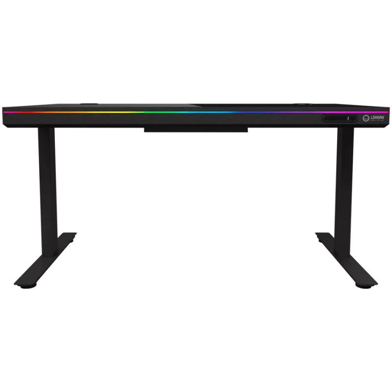Escritorio gaming de altura ajustable con dos motores, función sentado/de pie, cargador inalámbrico, iluminación RGB, panel de control y puertos USB, tablero de vidrio templado, negro