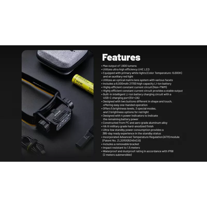 Nitecore HC70 UHE linterna frontal, 1600 lm, 6 LED, IP68, recargable por USB, aluminio, 172 g, negra