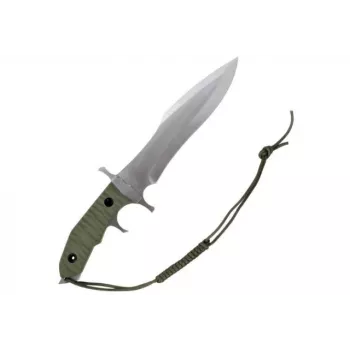 Cuchillo fijo Cinema Classic CC-H5 Rambo V — cuchillo de supervivencia, hoja de acero 230 mm, longitud total 385 mm, empuñadura de polímero verde, funda de cuero