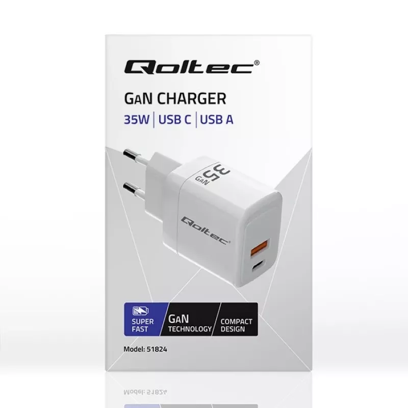 Cargador QOLTEC 51824 GaN 35W USB-C PD y USB QC 3.0, 5–20V, 1x USB-C, 1x USB-A