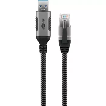 Cable Ethernet USB-A 3.2 Gen1 conector macho > conector macho RJ-45, adaptador LAN negro/plata, 2 metros, funda textil trenzada