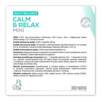 Suplemento relajante VETEXPERT Calm&Relax Mini — 30 cápsulas para perros pequeños y gatos, 100 g, sin azúcar, sin gluten