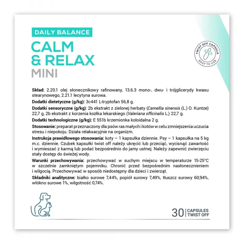 Suplemento relajante VETEXPERT Calm&Relax Mini — 30 cápsulas para perros pequeños y gatos, 100 g, sin azúcar, sin gluten