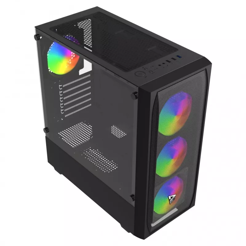 Caja de PC SAVIO Noctis Flow RGB — Cube, ATX/Mini-ITX, 3 ventiladores frontales de 120 mm, ventana lateral de cristal templado, GPU máx. 35 cm