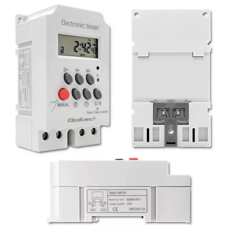 Temporizador electrónico para carril DIN QOLTEC PC0629 — alimentación 24V, salida 16A