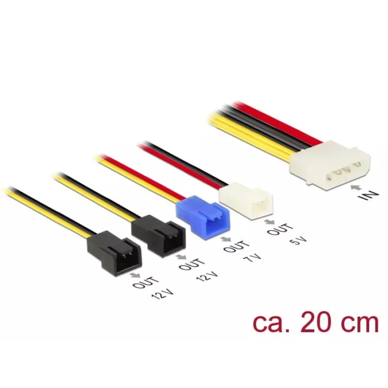 DeLOCK Molex 4 pin > 4 x 2 pin ventilador (12 V / 7 V / 5 V) - cable de alimentación para ventilador - alimentación interna, 4 polos (M) a Molex, 2 polos - 20 cm