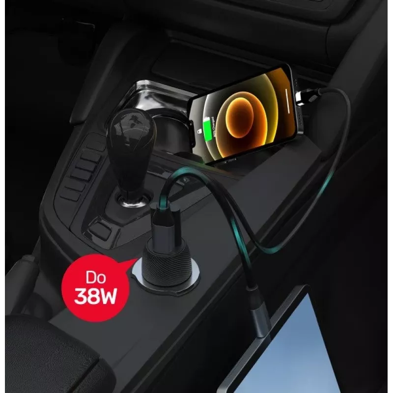 Cargador para coche Unitek P1400A con USB-C y USB-A, 38W, Quick Charge 3.0, entrada 12–24V, negro