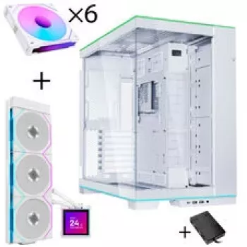 Bundle de caja para PC Lian Li O11 Dynamic EVO RGB + HydroShift II LCD-S 360TL AiO + 6x UNI FAN SL-INF 120 Reverse Blade Fan - blanco