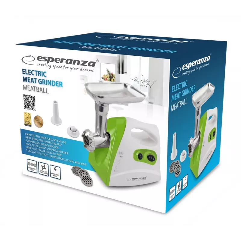 Picadora de carne ESPERANZA EKM012G — 600 W, cuchilla de acero inoxidable, embudo para embutidos, accesorio para kibbeh, marcha atrás, patas antideslizantes, blanca/verde