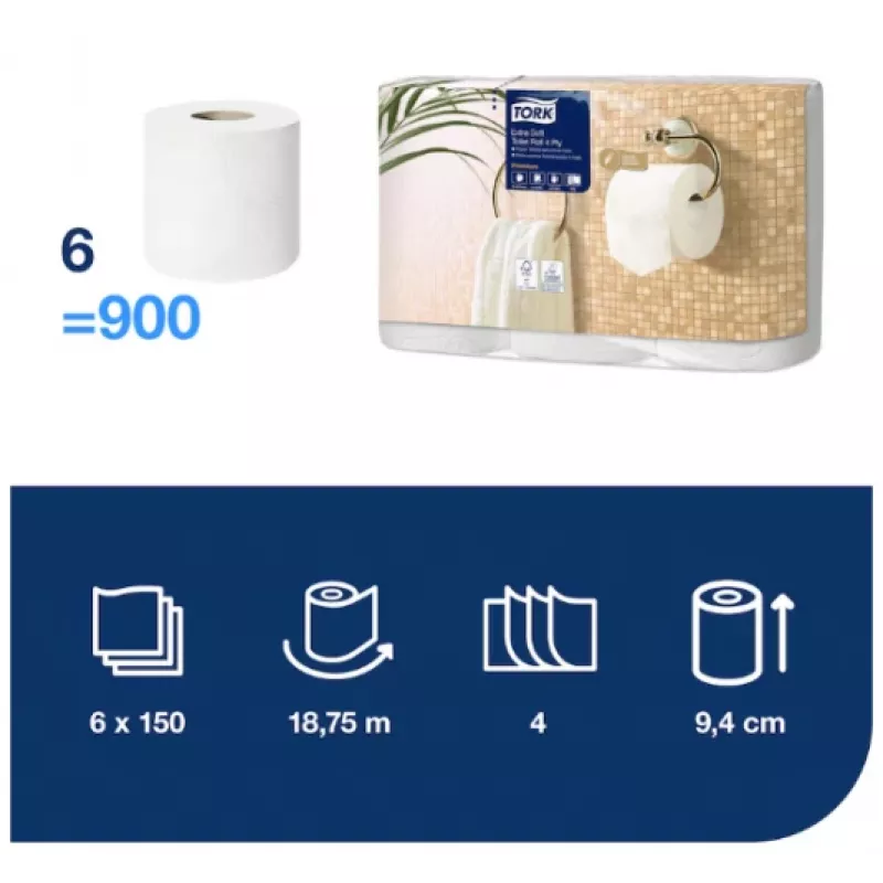 Papel higiénico Tork Premium Extra Soft Conventional T4 — rollos de 4 capas 9,7 cm x 19,1 m, paquete de 6