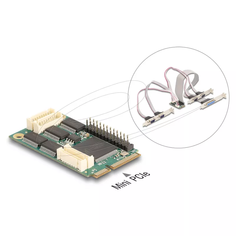 Adaptador de interfaz Mini-PCIe interno DELOCK 95279 — Host serie, salida Mini-PCIe, soporte RS-232, 460,8 Kbit/s, FIFO 256 B, 30×51×10 mm