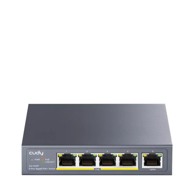 Switch de red Cudy GS1005P — 5 puertos Gigabit Ethernet con 4 puertos PoE, 60 W de potencia total, carcasa metálica, montaje en rack
