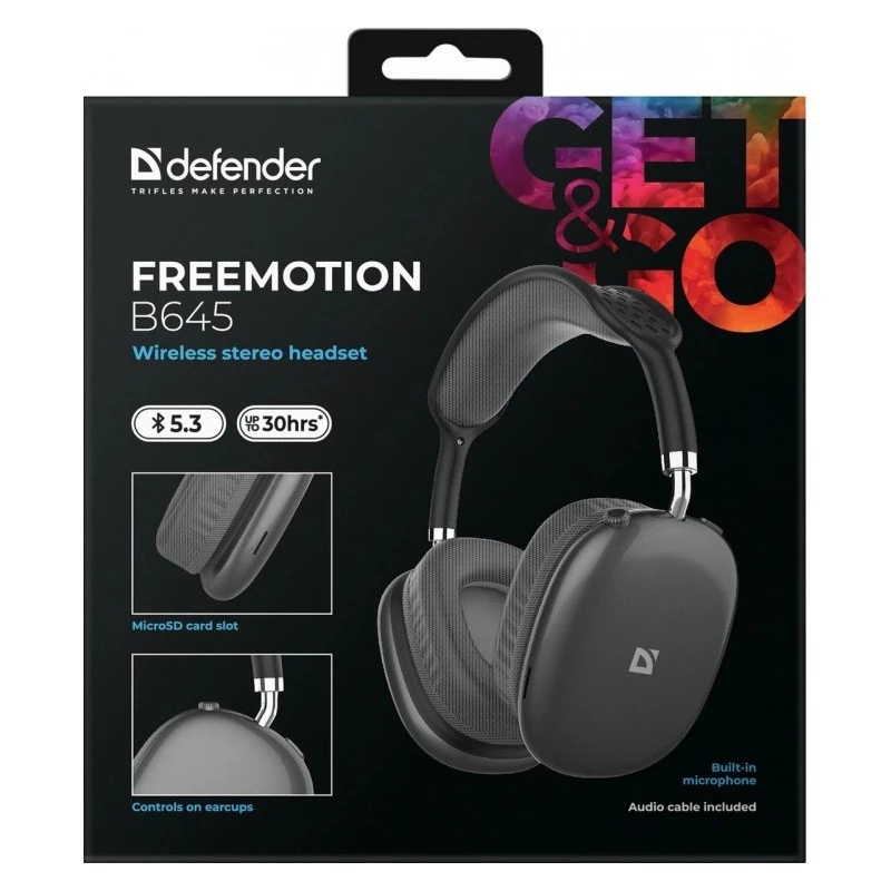 Defender FreeMotion B645 auriculares Bluetooth supraaurales, Bluetooth 5.3, USB-C, jack de 3,5 mm, micrófono integrado, 20–20000 Hz, 105 dB, negros