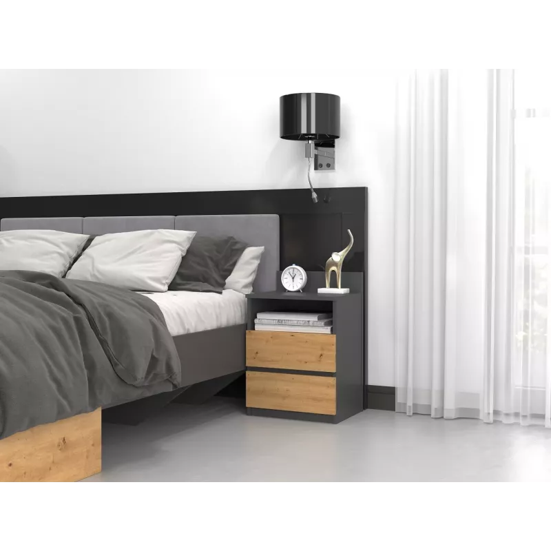 Top E Shop M1 ANTRACYT/ARTISAN mesita de noche, 2 cajones, roble