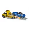 Bruder MB Sprinter transportador de coches con módulo de luz y sonido, naranja/azul, incl. roadster