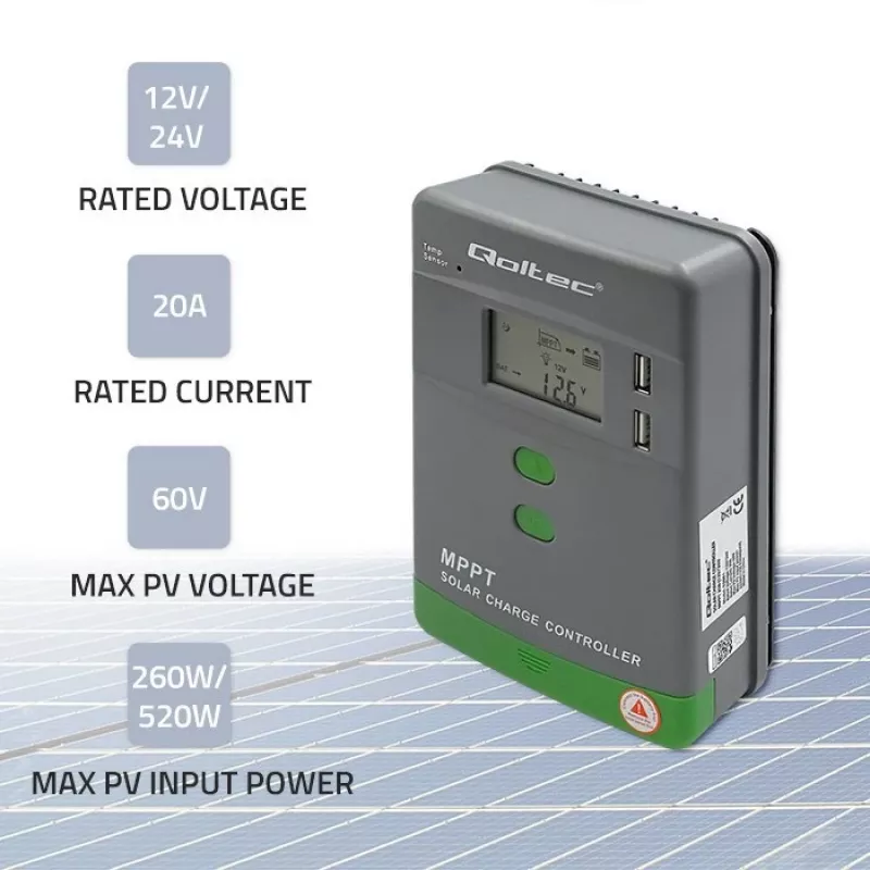 Qoltec, Regulador de carga solar MPPT con sensor de temperatura 20A 12V/24V Pantalla LCD 2 X USB