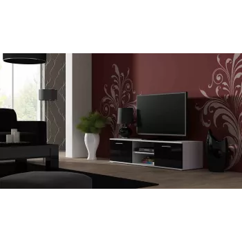 Soporte de TV cama meble SOHO 140 – 1400×430×370 mm, parte superior blanca, tablero de partículas, marco blanco, frentes negro brillante