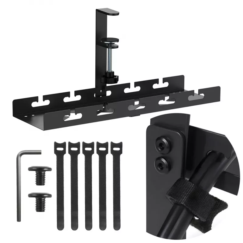 Maclean MC-105 B organizador de cables para debajo del escritorio, acero/ABS, 400 mm, montaje con abrazadera para tableros de 5–50 mm, carga máx. 5 kg, negro