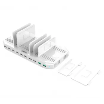 Estación de carga Unitek Y-2190A — 10 puertos USB (8×USB2.0 + 2×USB3.2 Gen1), carga inalámbrica, 96 W de potencia total