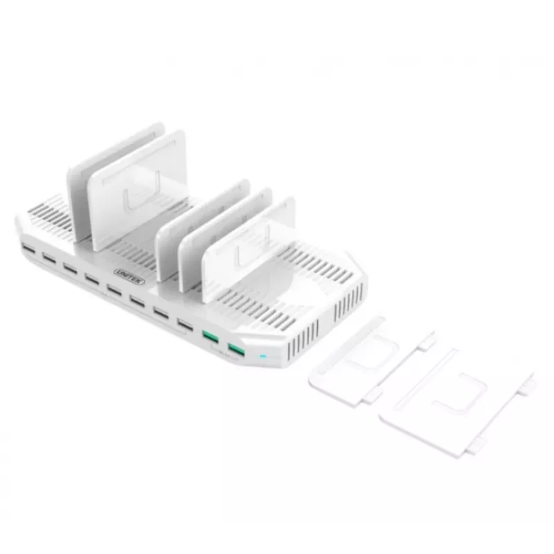 Estación de carga Unitek Y-2190A — 10 puertos USB (8×USB2.0 + 2×USB3.2 Gen1), carga inalámbrica, 96 W de potencia total