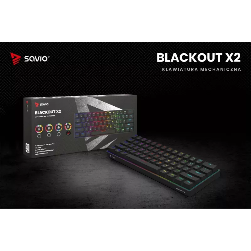 Teclado gaming mecánico SAVIO BLACKOUT X2 PEACH — 61 teclas 60 % QWERTZ, RGB LED, hot-swap, USB Type-A/Type-C, cable extraíble