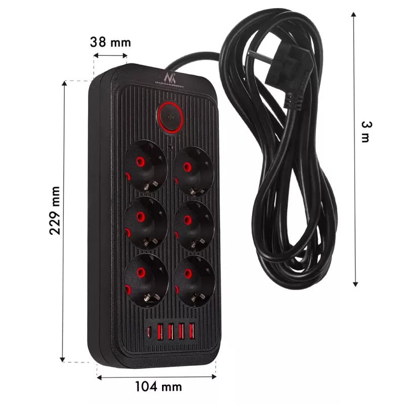 Regleta de enchufes MACLEAN MCE391 B – 6 enchufes, 4×USB-A + 1×USB-C, 110–240V, 2500W, 3 m cable, negro