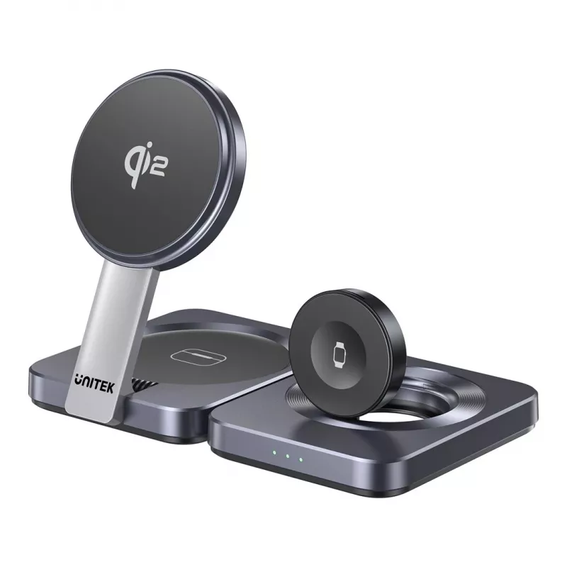 Estación de carga inalámbrica plegable 3 en 1 UNITEK P1300AGY01 Qi2 15 W, gris