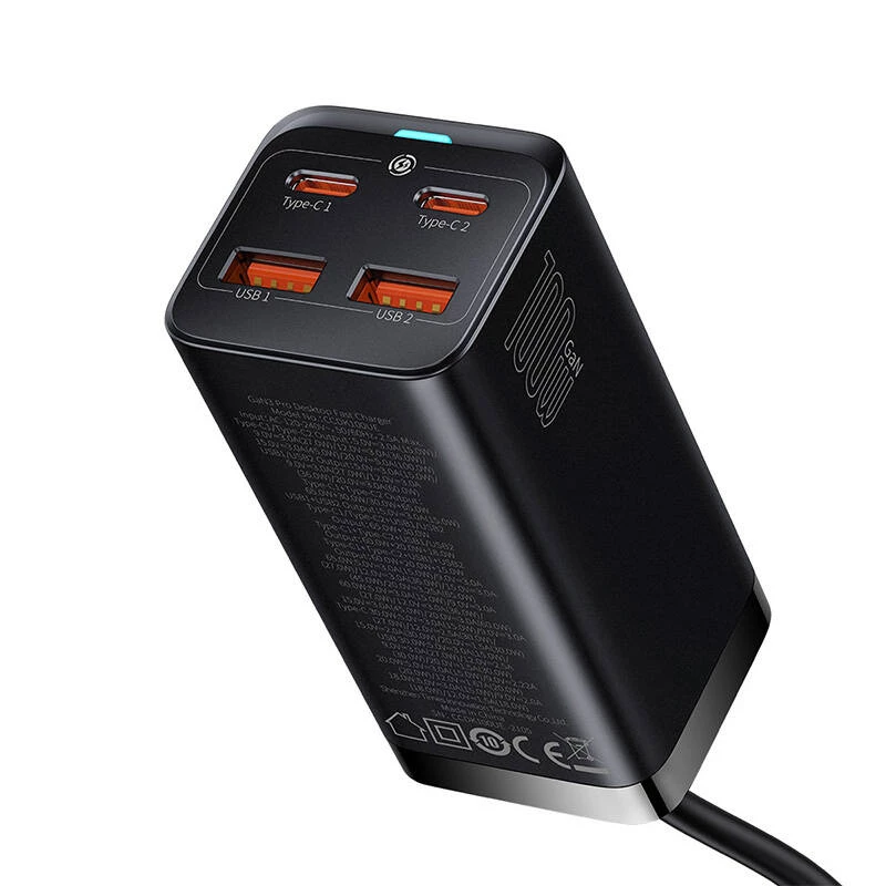 Baseus GaN3 Pro CCGP000101 cargador de sobremesa 100 W, 2x USB-C + 2x USB-A, PD 3.0, QC 4.0+, cable de 1,5 m, negro