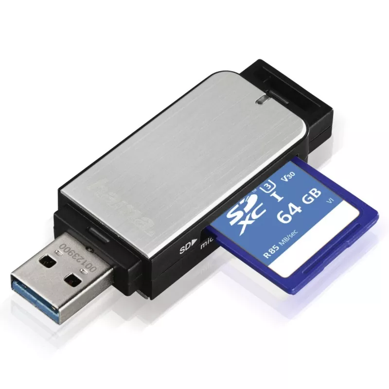 Hama 123900 lector de tarjetas USB 3.0 SD/microSD, aluminio, negro/plata