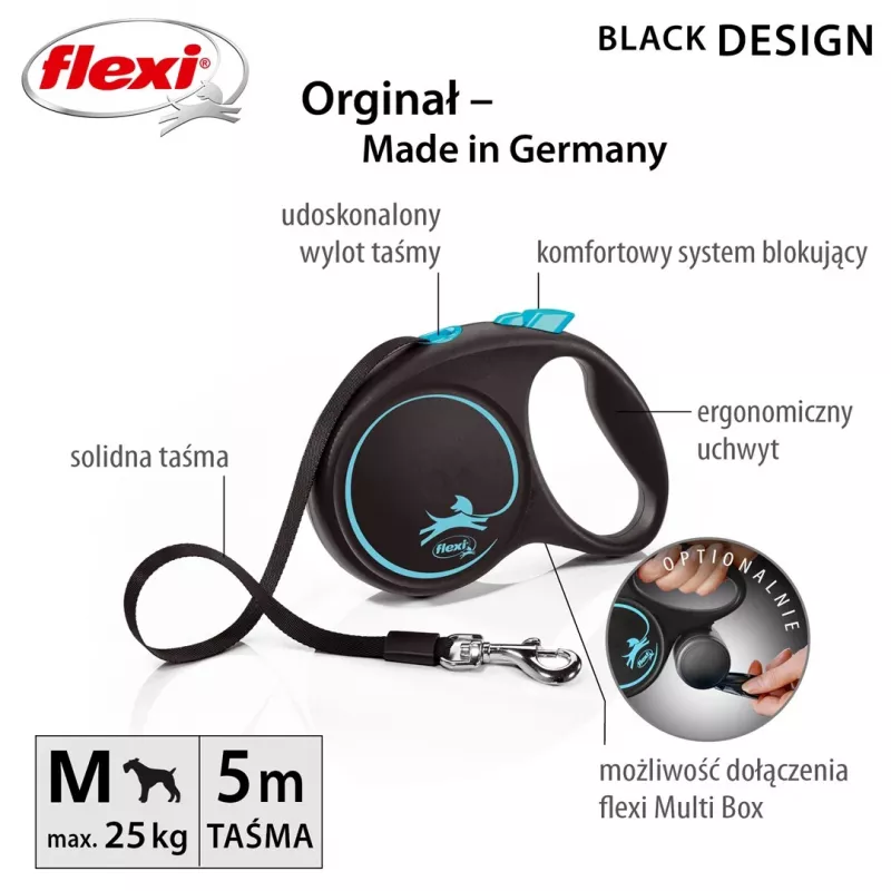 Correa retráctil flexi Black Design M — 5 m de longitud, con cinta, carga máxima 25 kg, empuñadura ergonómica