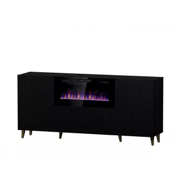 Cómoda con chimenea eléctrica Cama Meble PAFOS 180x42x82 cm negro mate, 3 puertas, 2 estantes, 1400–1600 W