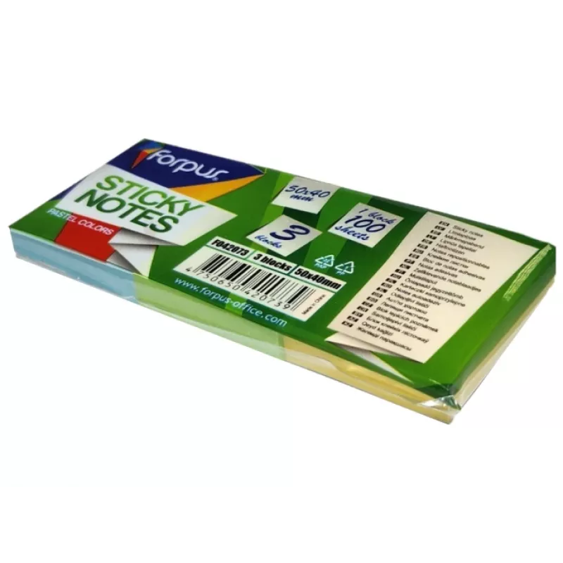 Notas adhesivas FORPUS FO42073, 40×50 mm, 3 colores pastel, bloc