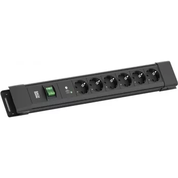 Regleta de enchufes Bachmann CONNECTUS con 6×CEE 7/3, 1×SPD-Plus protección contra sobretensiones, 1×interruptor, cable de 2,0 m, negro
