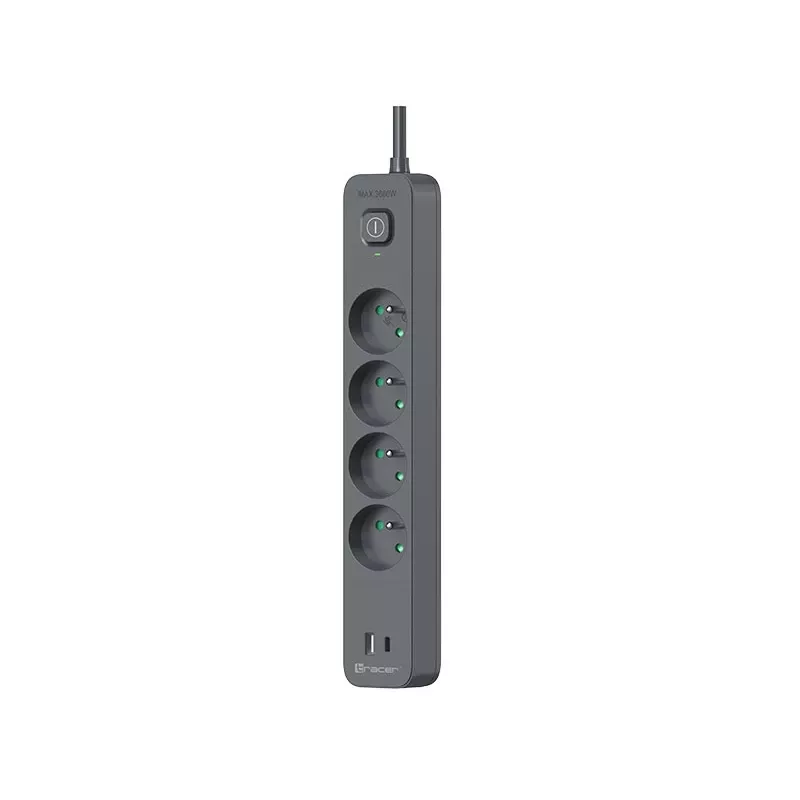 Tracer Power Line+ TRALIS47026 regleta, 4 tomas, USB-A + USB-C PD 18 W, 1,5 m, grafito