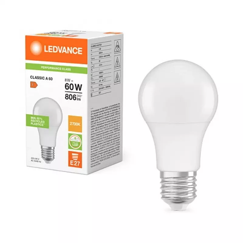 Ledvance LEDV Lámpara LED 8,5-60W/827 806lm E27 mate 200° 15000h EEK F