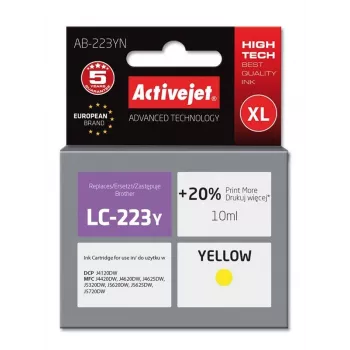 Cartucho de tinta ActiveJet AB-223YN amarillo, compatible para Brother, a base de colorante 10 ml, alto rendimiento (XL), pack individual