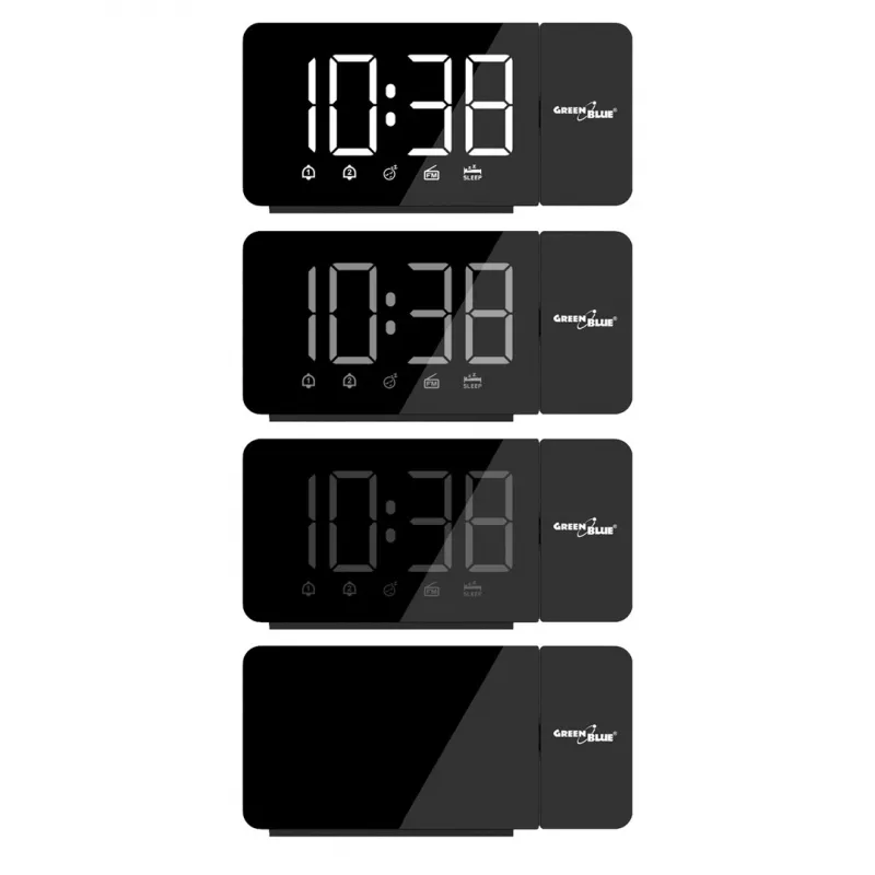 Radio-reloj digital LED GreenBlue GB172 con sintonizador FM, proyector, termómetro, alimentación USB 5V y CR2032