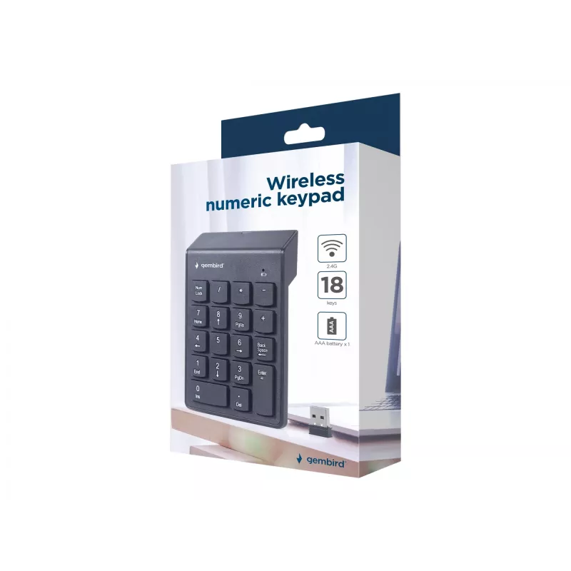 Gembird KPD-W-02 teclado numérico inalámbrico, 2,4 GHz, USB, 18 teclas, negro