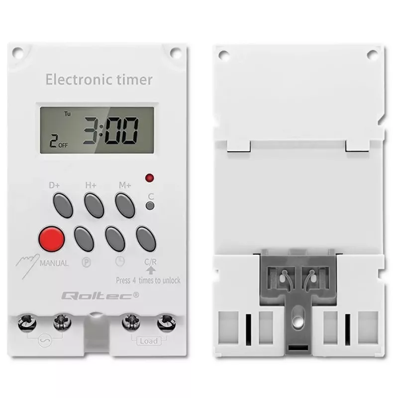 Temporizador electrónico para carril DIN QOLTEC PC0629 — alimentación 24V, salida 16A